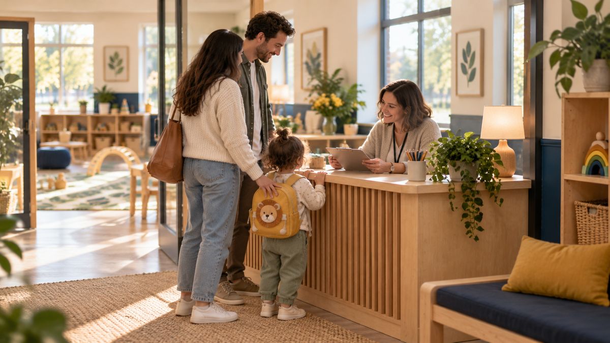 A family greeted at the front desk during morning arrival