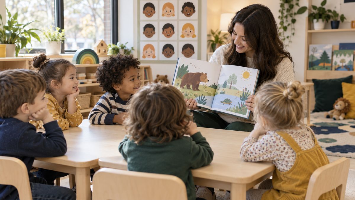 A teacher reading a picture book to preschoolers beside a feelings chart