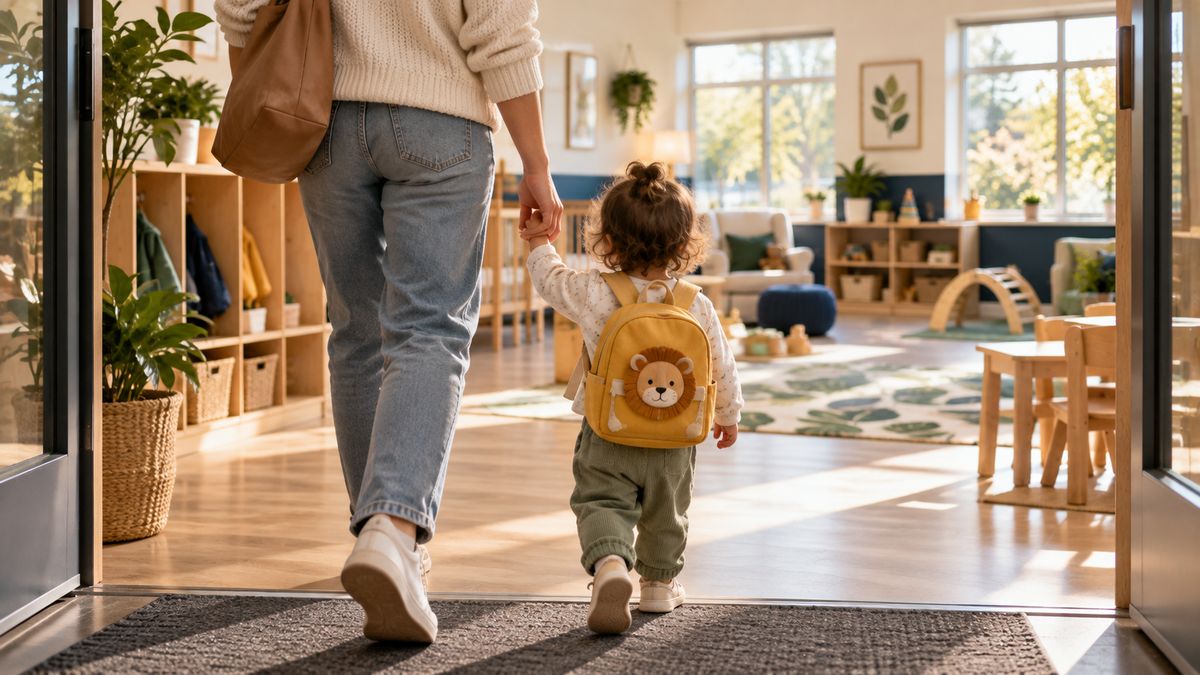 A parent and toddler walking into the classroom on the first morning