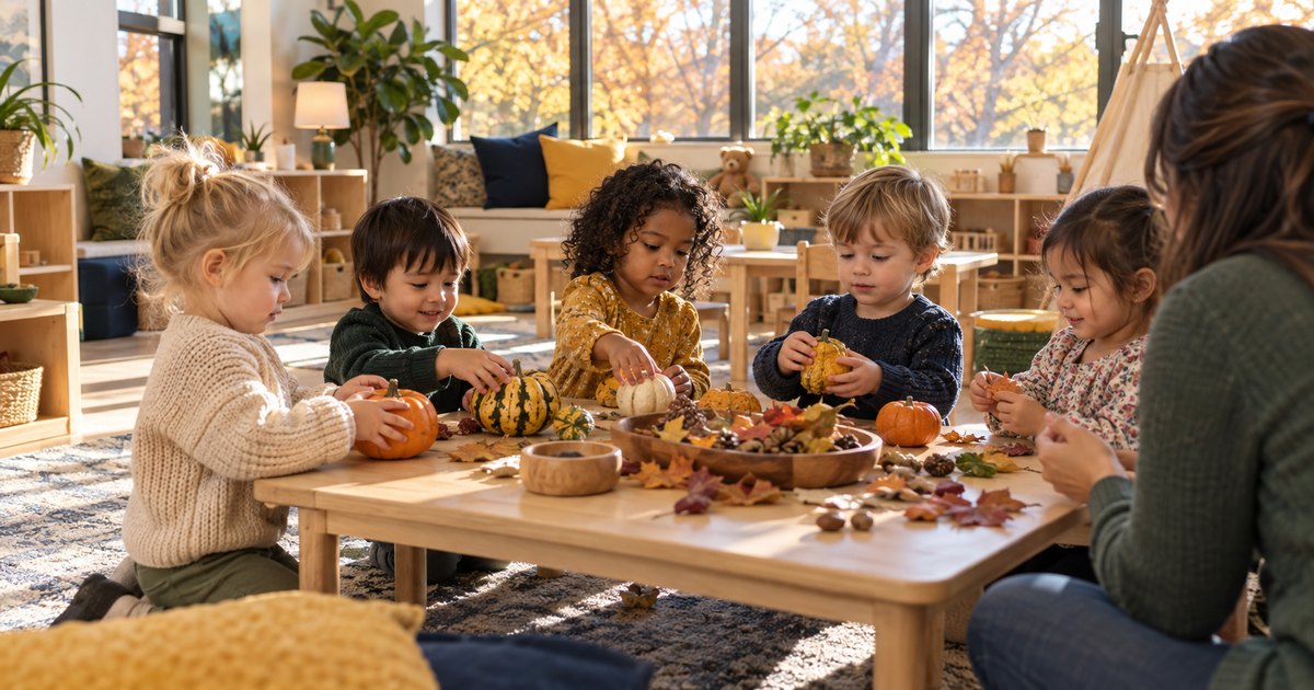 Children exploring small pumpkins and fall leaves at a classroom table