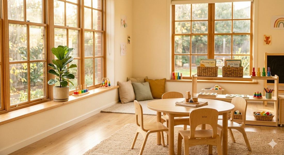 A warm, sunlit childcare classroom