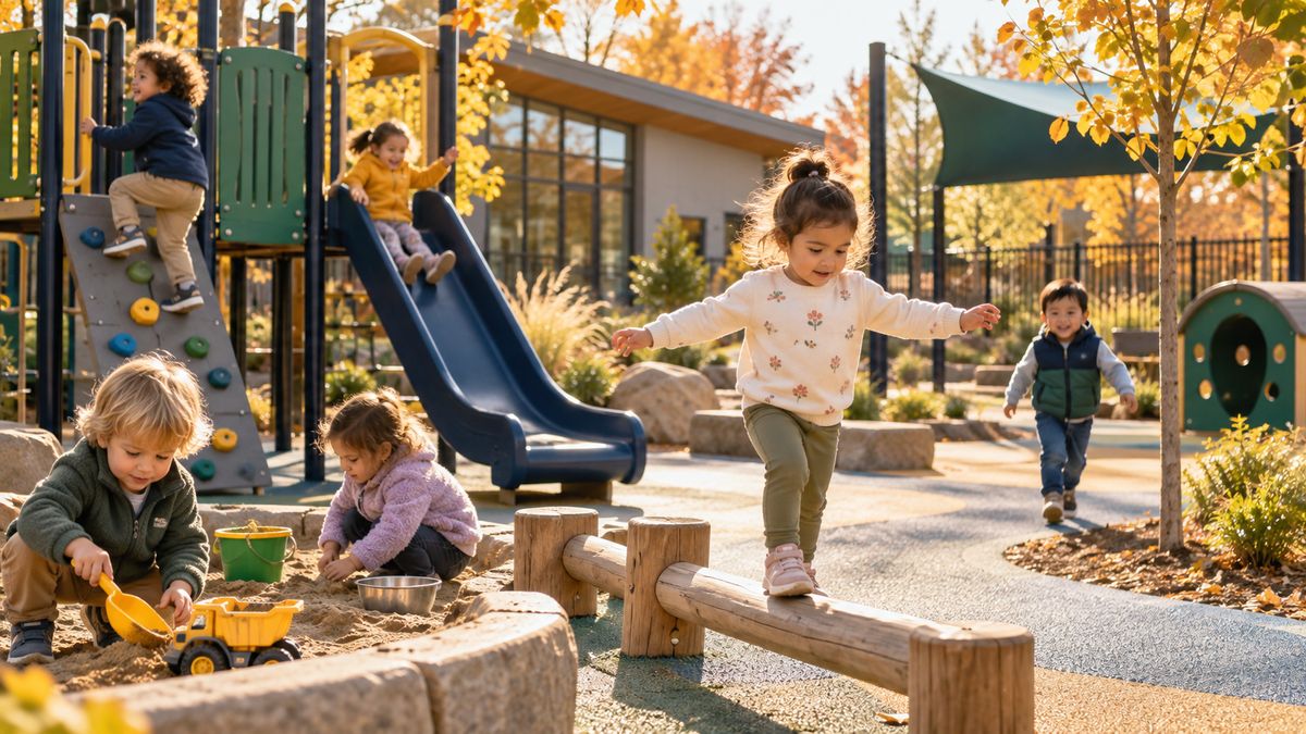 Children playing on a sunny playground in early fall