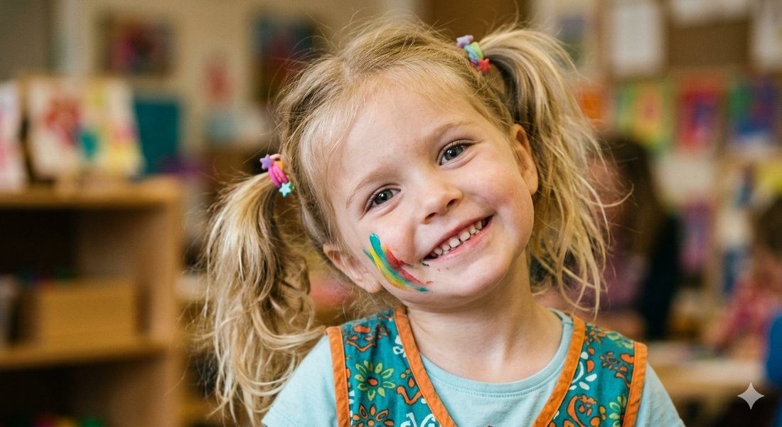 A child with paint on her face beaming with pride and joy