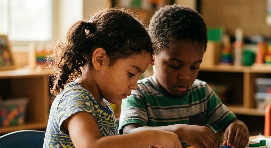 Two children focused together on a learning activity
