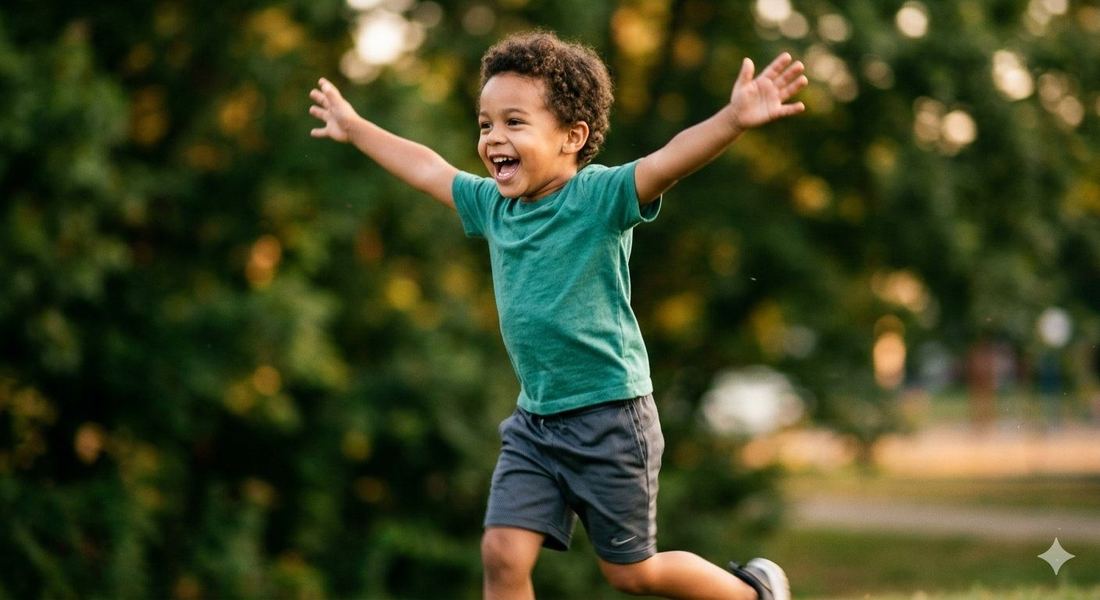 A joyful child running outdoors with arms wide open