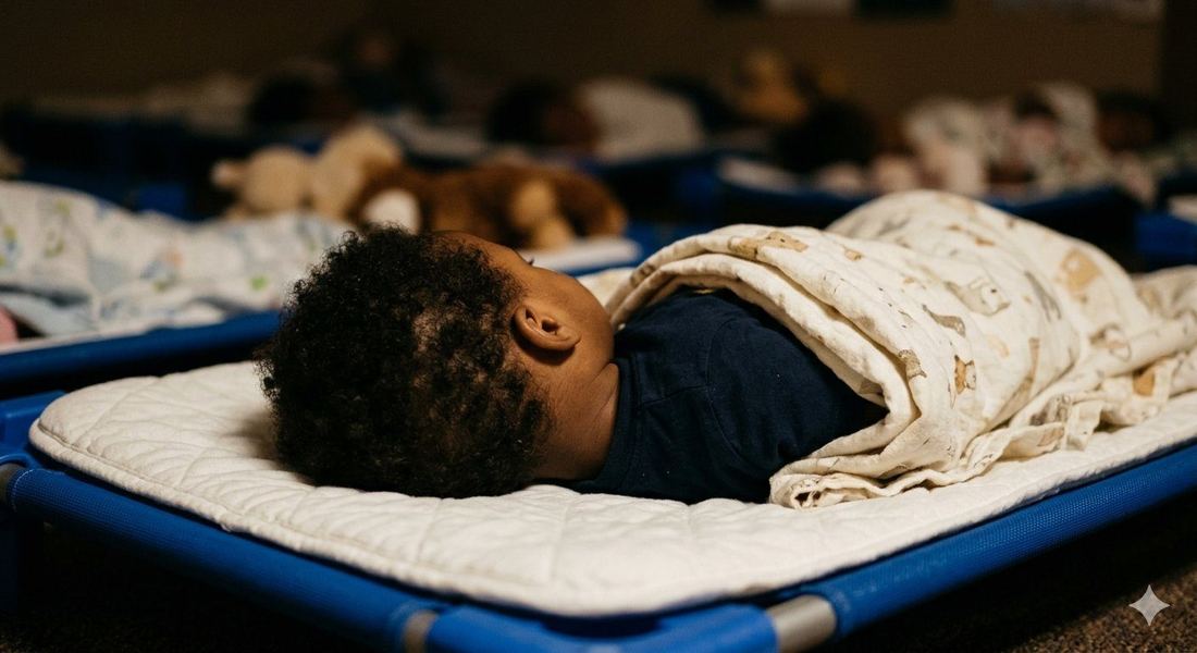 A toddler resting peacefully on a cot