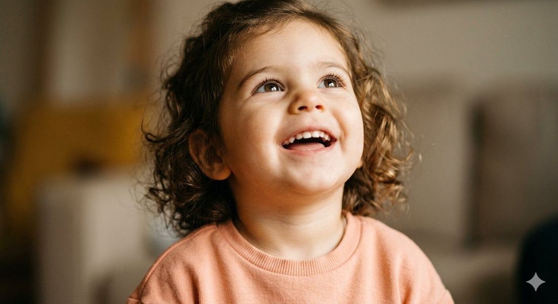A joyful child looking up with a big smile