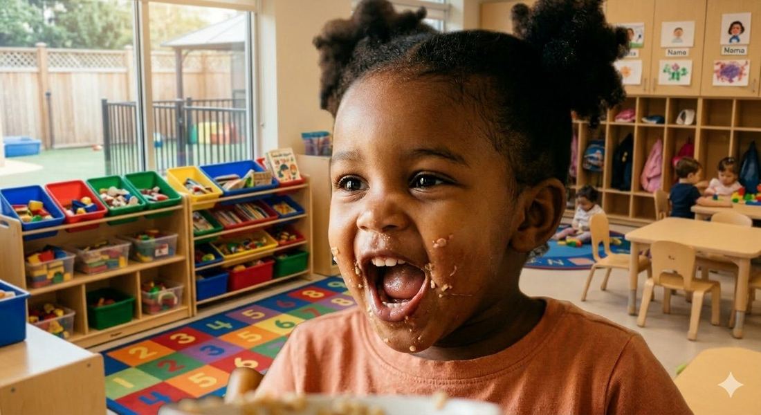 A happy toddler enjoying mealtime